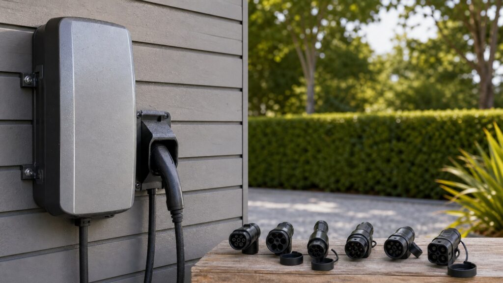 weatherproof ev chargers shopping setup for adapter and connector compatibility with practical vehicle-focused details