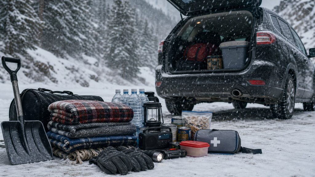 winter emergency kits shopping setup for disaster and evacuation planning with practical vehicle-focused details