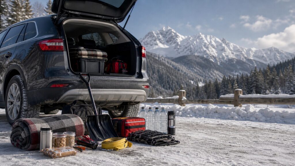 winter emergency kits shopping setup for long-distance road trips with practical vehicle-focused details