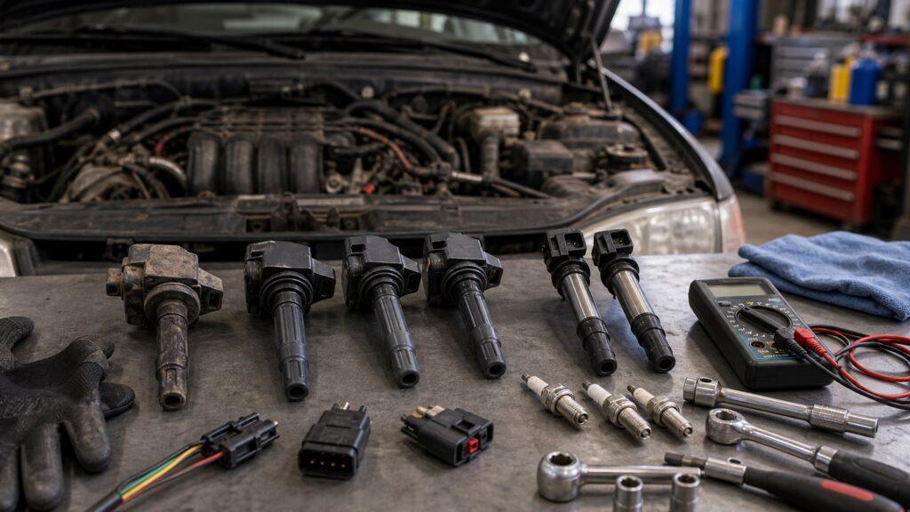 ignition coils shopping setup for high-mileage vehicle repairs with practical vehicle-focused details