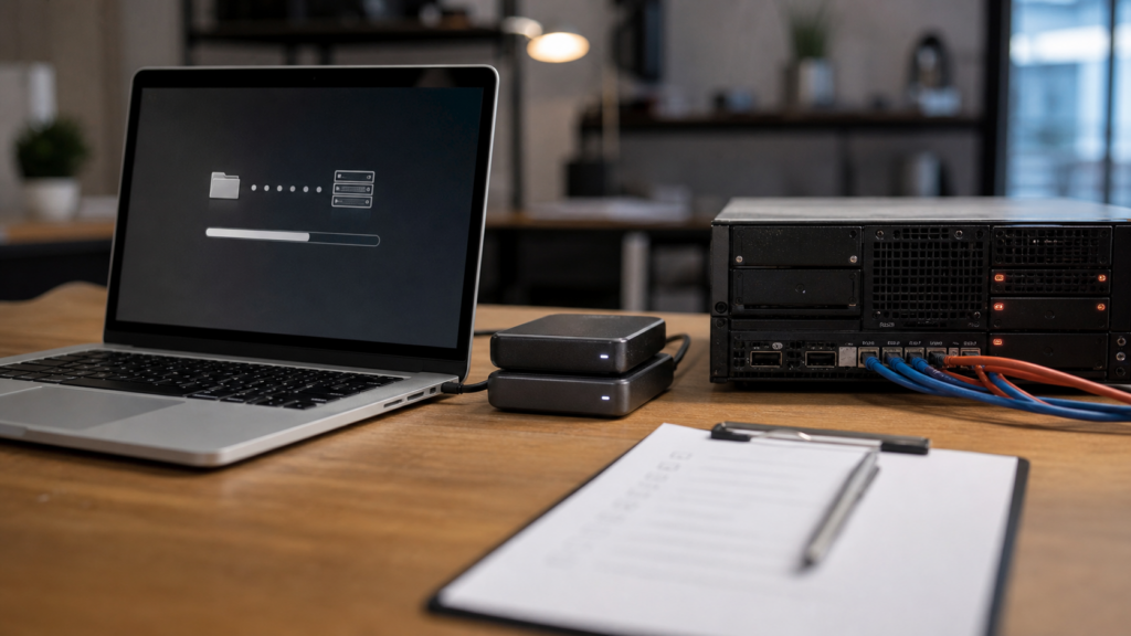 Ultra photorealistic web agency migration workstation hero image for InMotion VPS Hosting review