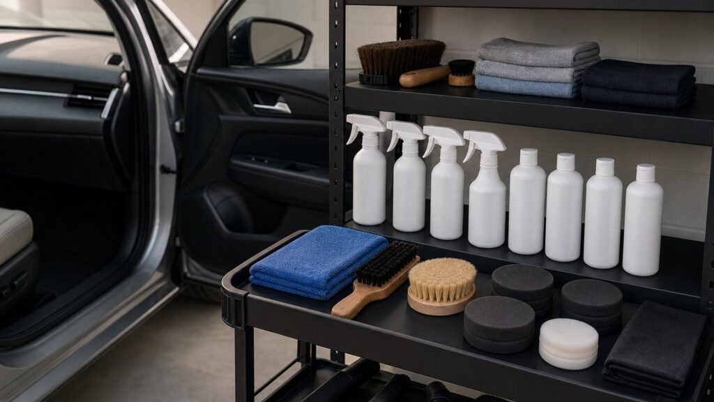 interior detailing kits shopping setup for maintenance wash supplies with practical vehicle-focused details