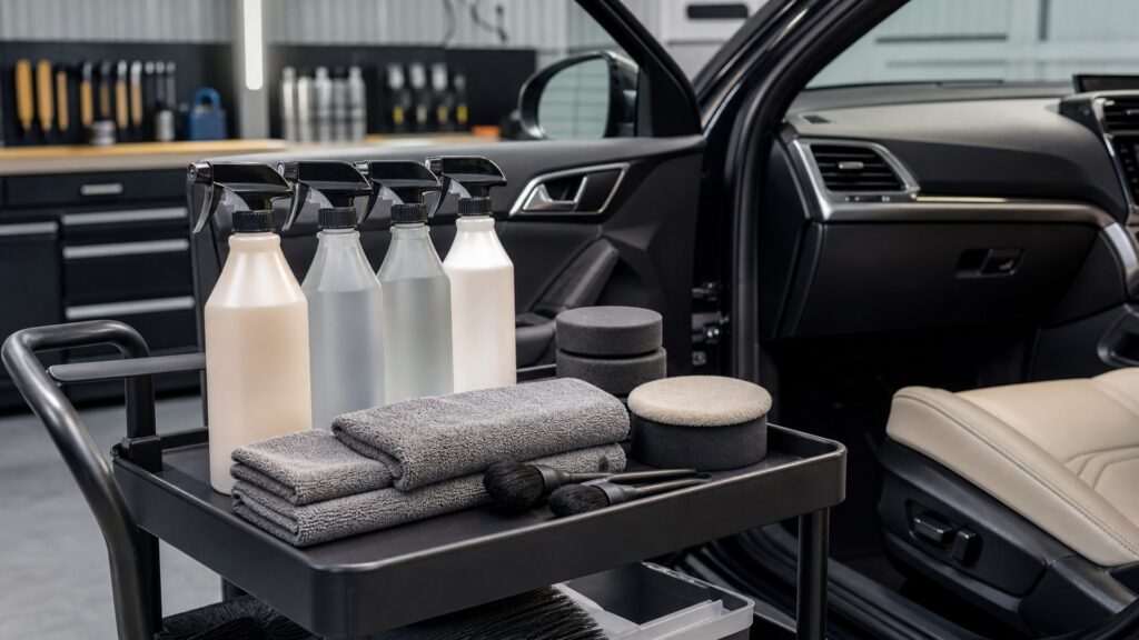 interior protectants shopping setup for maintenance wash supplies with practical vehicle-focused details