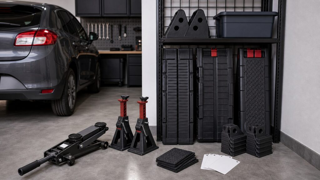 jack stands & ramps shopping setup for space-saving garage setups with practical vehicle-focused details