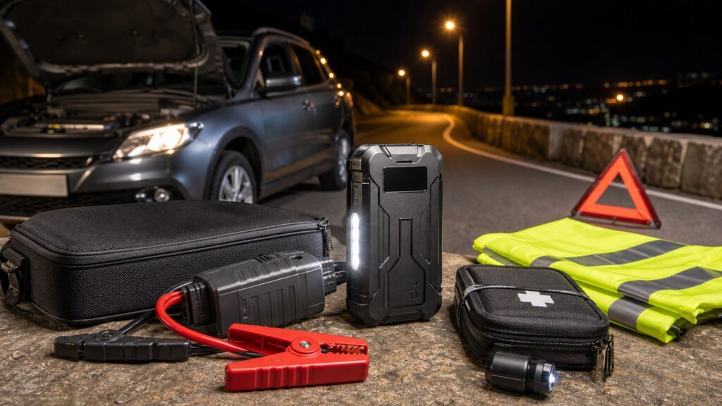 jump starter power banks shopping setup for nighttime breakdown scenarios with practical vehicle-focused details