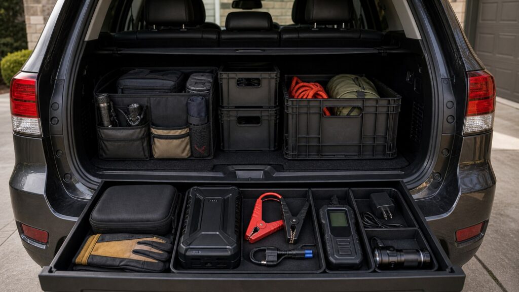 jump starters shopping setup for jump starters storage and access with practical vehicle-focused details