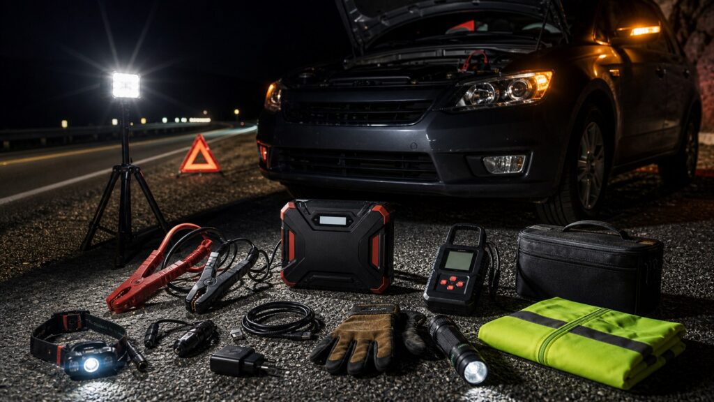 jump starters shopping setup for nighttime breakdown scenarios with practical vehicle-focused details