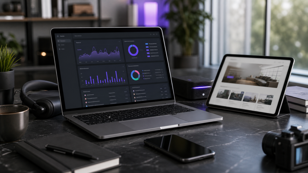 Ultra photorealistic premium agency performance desk hero image for Kinsta review