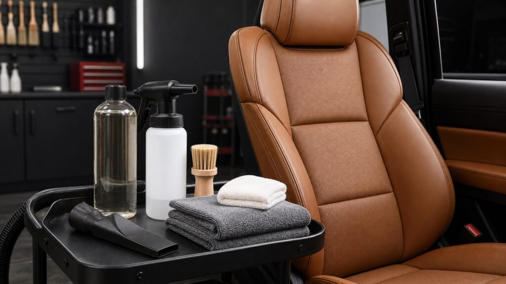 leather cleaners shopping setup for maintenance wash supplies with practical vehicle-focused details