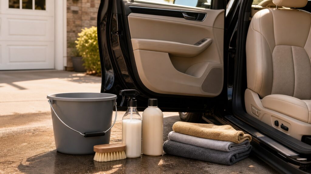 leather cleaners shopping setup for weekend wash routines with practical vehicle-focused details