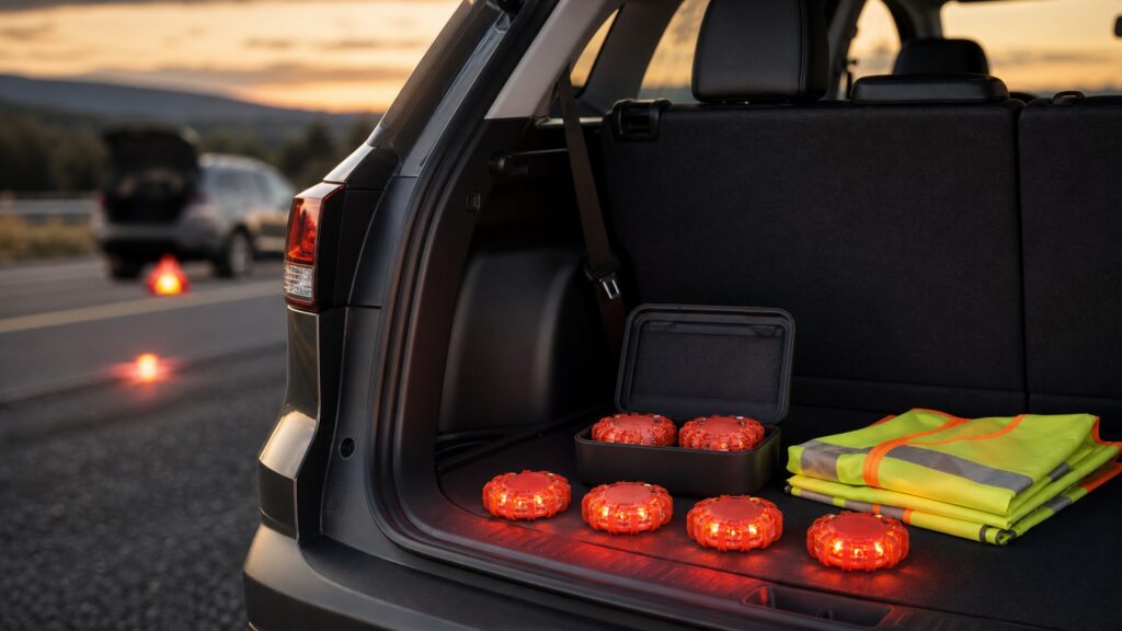 led road flares shopping setup for family vehicle safety with practical vehicle-focused details