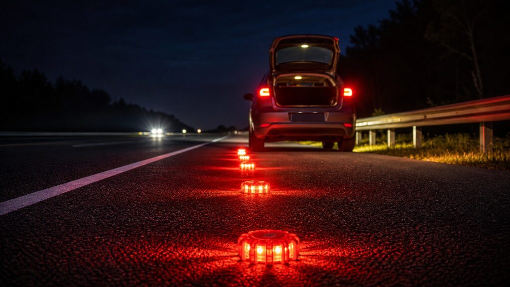 led road flares shopping setup for nighttime breakdown scenarios with practical vehicle-focused details
