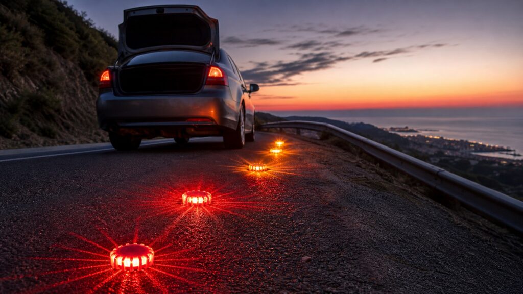 led road flares shopping setup for roadside emergency prep with practical vehicle-focused details