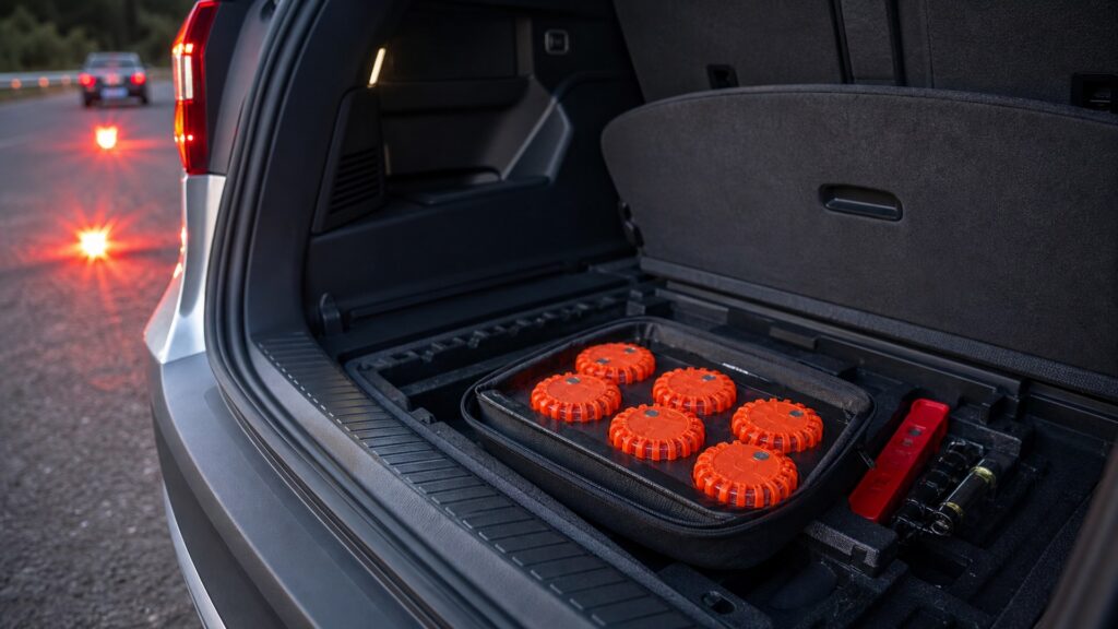 led road flares shopping setup for safety lighting storage and access with practical vehicle-focused details