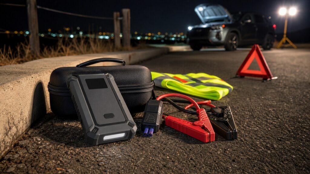 lithium jump starters shopping setup for nighttime breakdown scenarios with practical vehicle-focused details