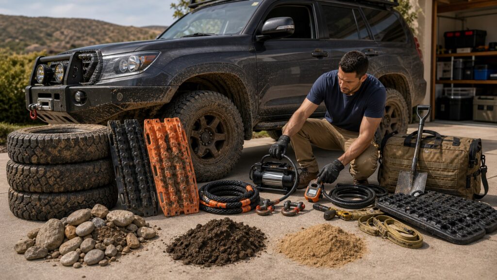 off-road accessories shopping setup for rock, mud, and sand terrain with practical vehicle-focused details