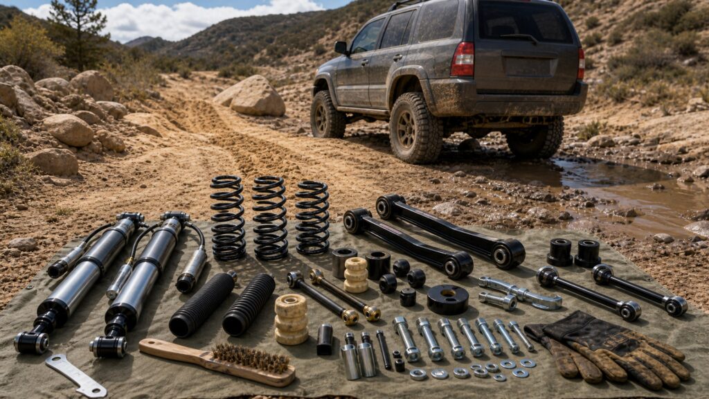 off-road suspension shopping setup for rock, mud, and sand terrain with practical vehicle-focused details