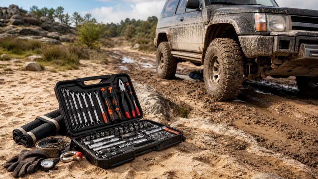 off-road tool kits shopping setup for rock, mud, and sand terrain with practical vehicle-focused details
