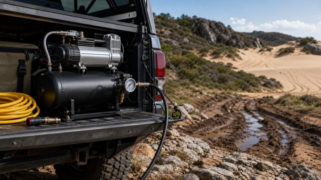 onboard air compressors shopping setup for rock, mud, and sand terrain with practical vehicle-focused details