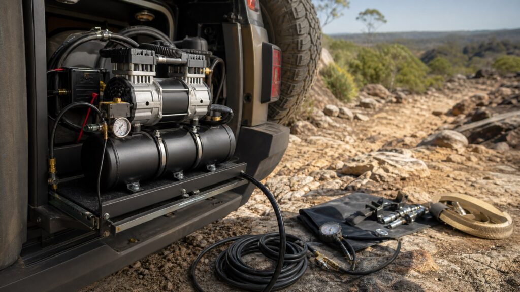 onboard air compressors shopping setup for trail recovery planning with practical vehicle-focused details