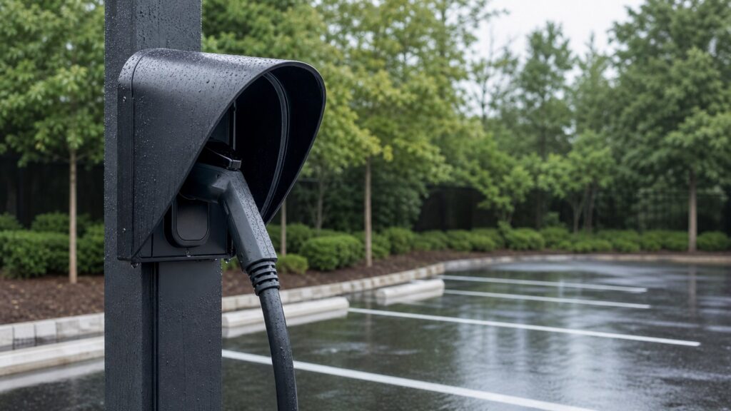 outdoor charging covers shopping setup for public and fleet charging with practical vehicle-focused details