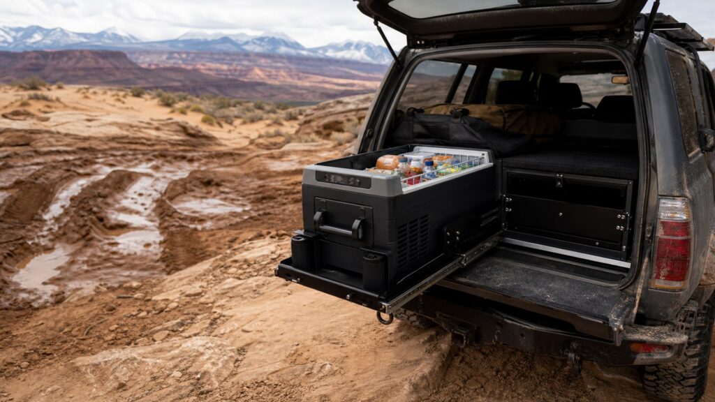 overlanding fridges shopping setup for rock, mud, and sand terrain with practical vehicle-focused details