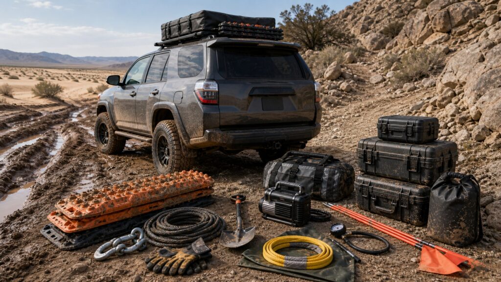 overlanding gear shopping setup for rock, mud, and sand terrain with practical vehicle-focused details