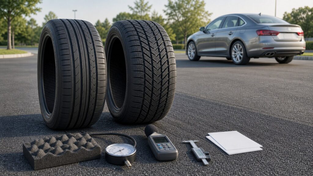 passenger vehicle tires shopping setup for road noise and ride comfort with practical vehicle-focused details