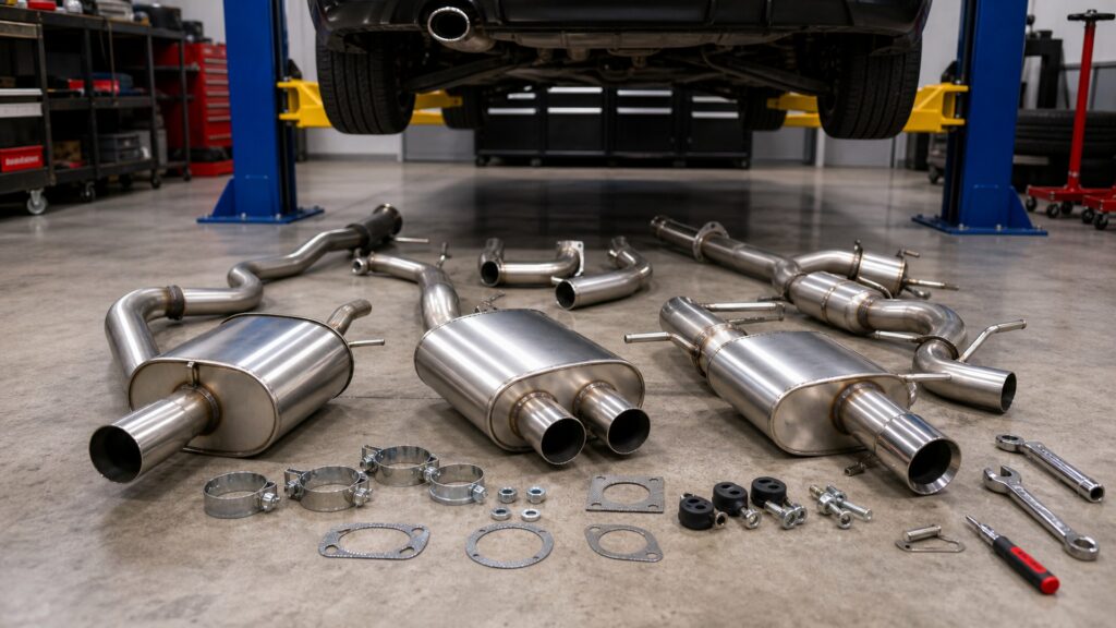 performance mufflers shopping setup for installation complexity with practical vehicle-focused details