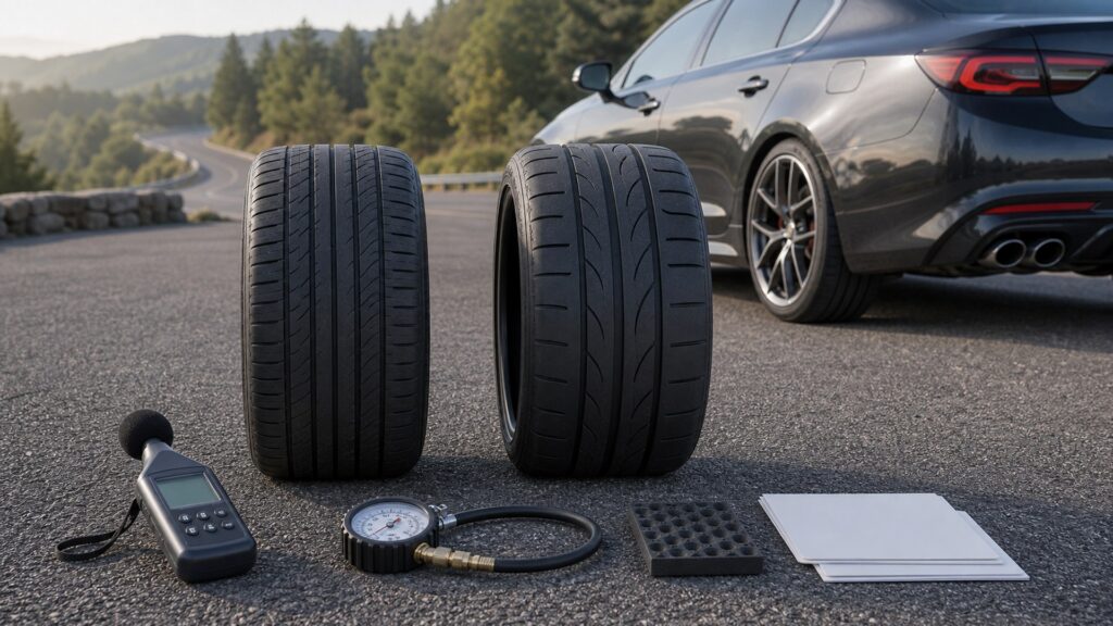 performance tires shopping setup for road noise and ride comfort with practical vehicle-focused details