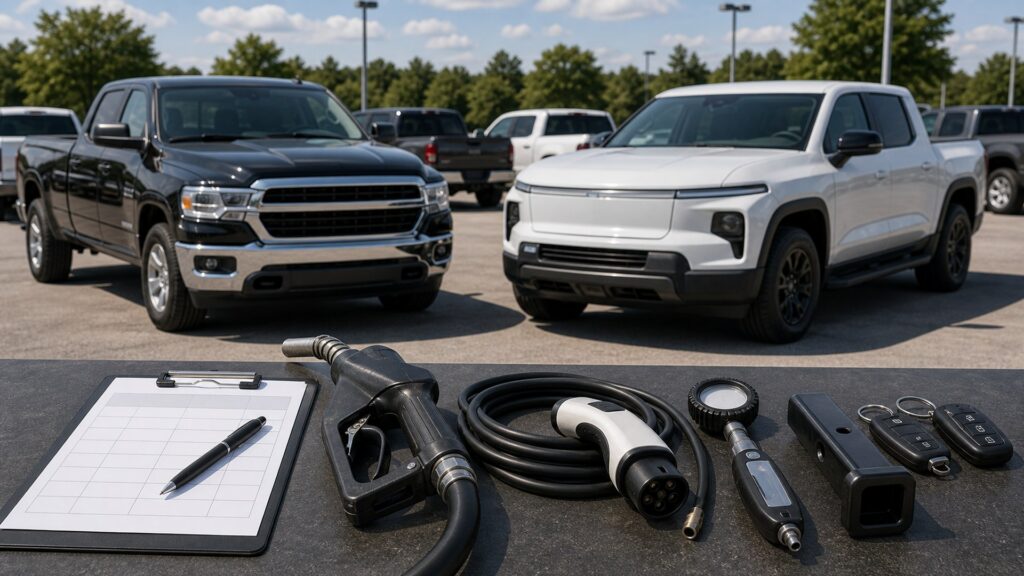 pickup trucks shopping setup for fuel, charging, and operating costs with practical vehicle-focused details