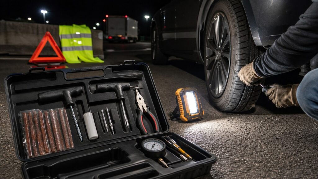 plug repair kits shopping setup for nighttime breakdown scenarios with practical vehicle-focused details