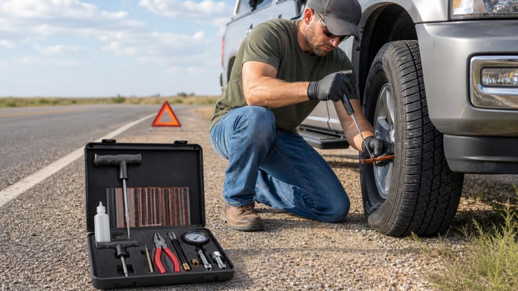 plug repair kits shopping setup for roadside emergency prep with practical vehicle-focused details