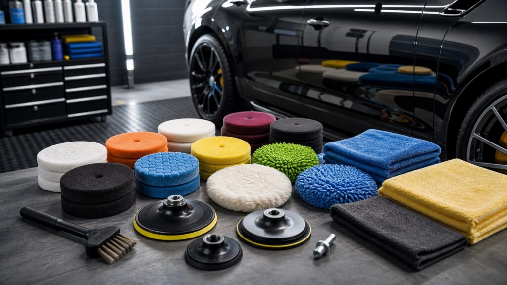 polishing pads shopping setup for maintenance wash supplies with practical vehicle-focused details