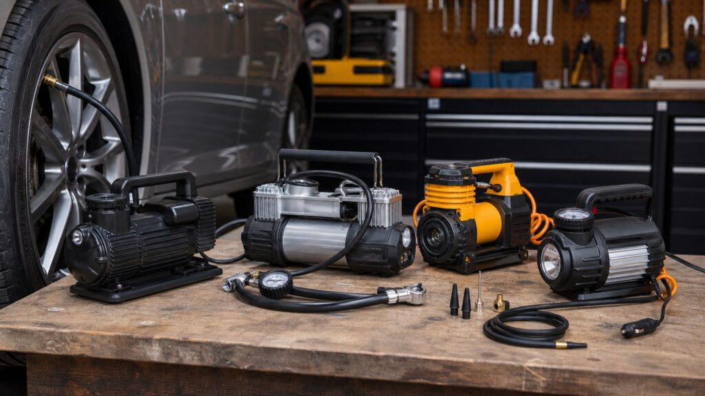 portable air compressors shopping setup for overall selection with practical vehicle-focused details