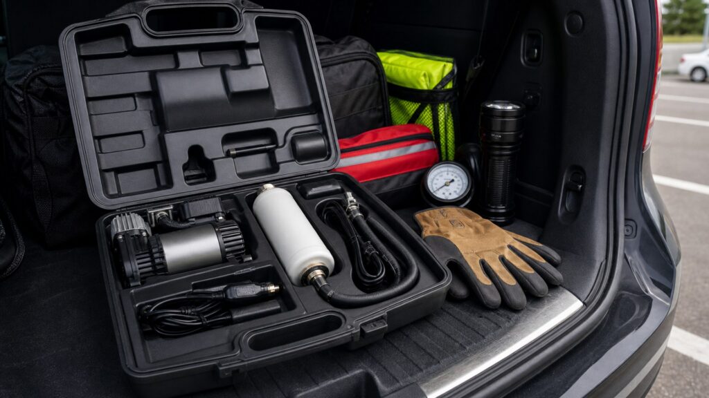 portable tire sealant systems shopping setup for emergency tire repair storage and access with practical vehicle-focused details