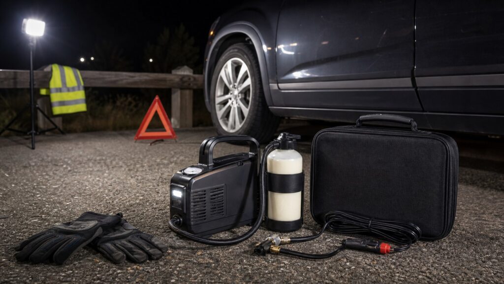 portable tire sealant systems shopping setup for nighttime breakdown scenarios with practical vehicle-focused details