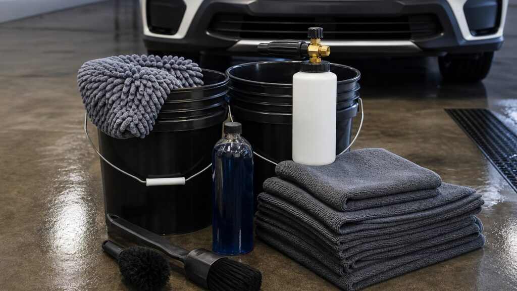 professional detailing kits shopping setup for maintenance wash supplies with practical vehicle-focused details