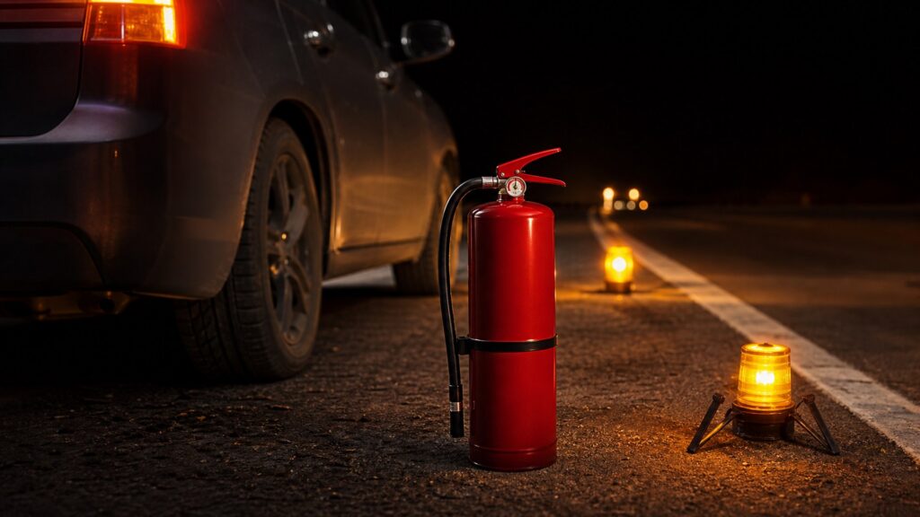 rechargeable fire extinguishers shopping setup for nighttime breakdown scenarios with practical vehicle-focused details
