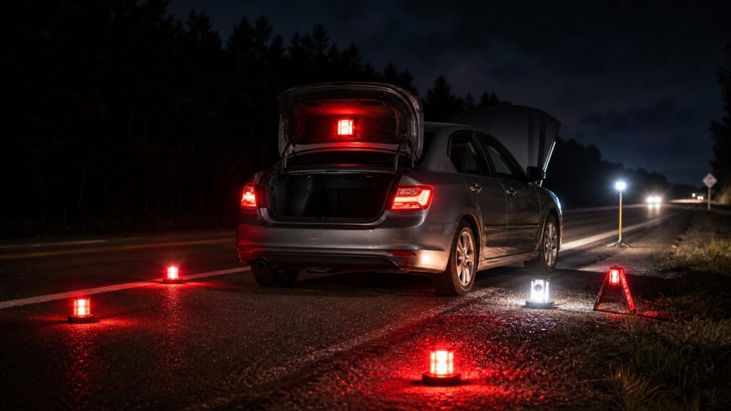 rechargeable safety lights shopping setup for nighttime breakdown scenarios with practical vehicle-focused details