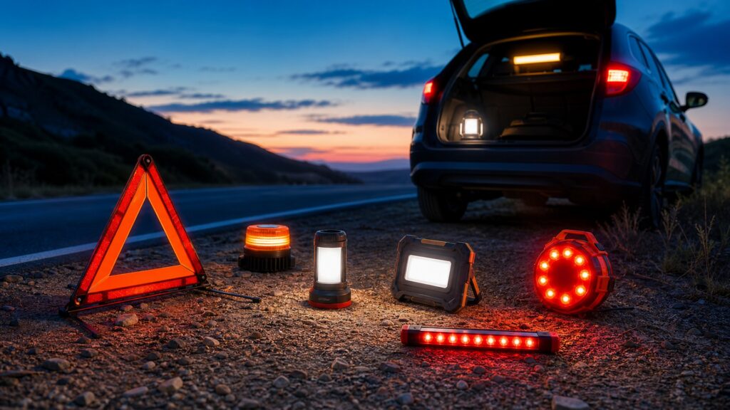 rechargeable safety lights shopping setup for roadside emergency prep with practical vehicle-focused details