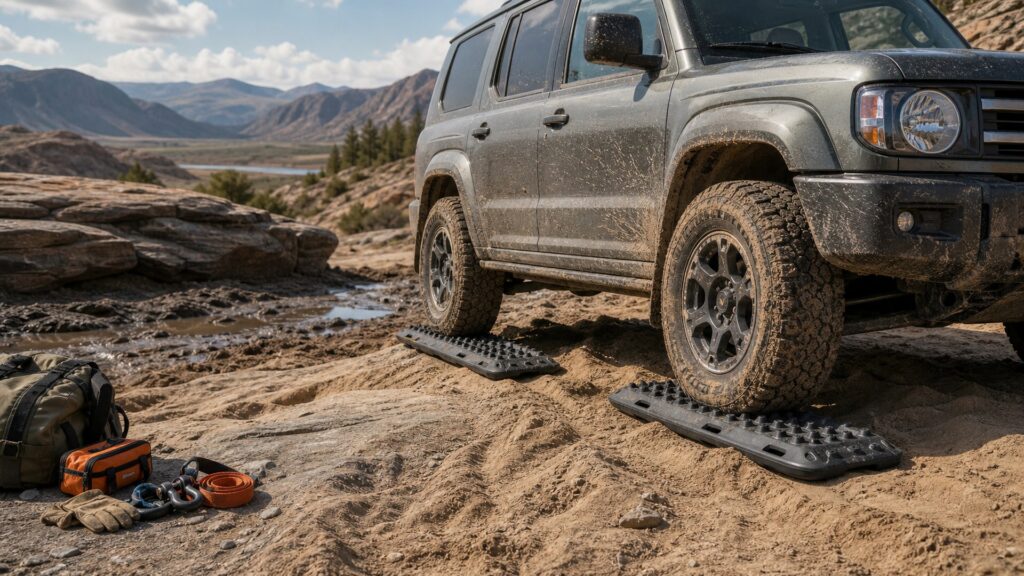 recovery boards shopping setup for rock, mud, and sand terrain with practical vehicle-focused details