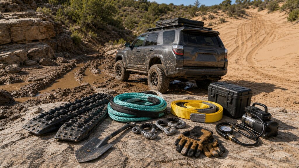 recovery equipment shopping setup for rock, mud, and sand terrain with practical vehicle-focused details