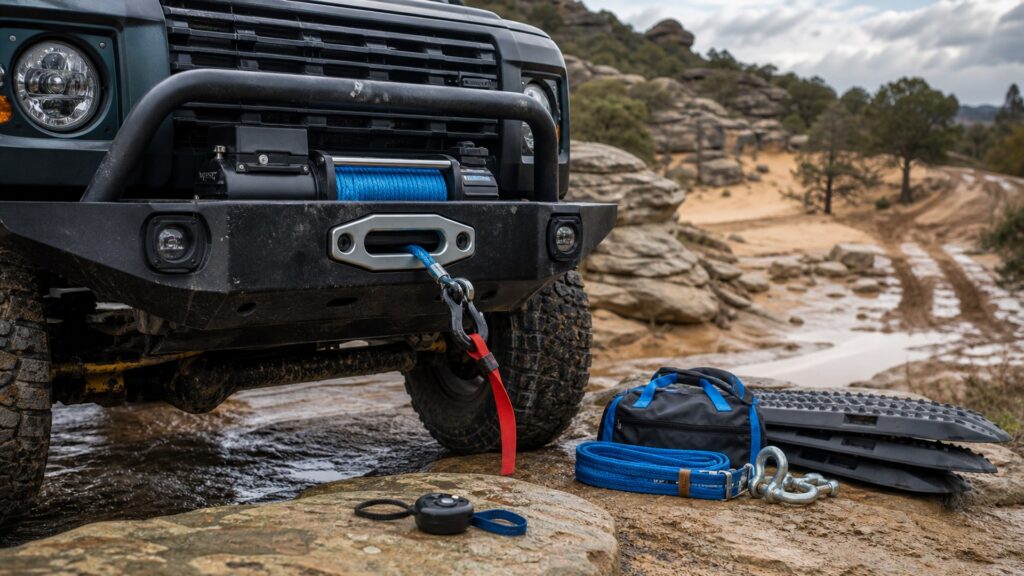 recovery winches shopping setup for rock, mud, and sand terrain with practical vehicle-focused details