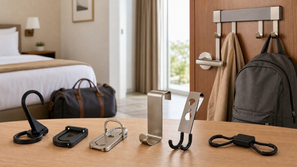 Portable travel door hooks arranged in a hotel room for luggage and compact storage