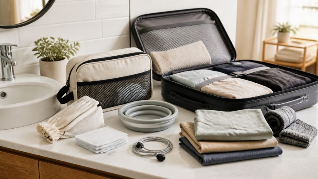 Travel laundry kit with compact washing supplies arranged beside packed luggage