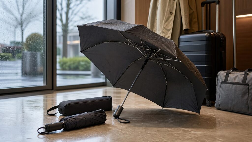 Compact travel umbrellas arranged with luggage near a rainy hotel window