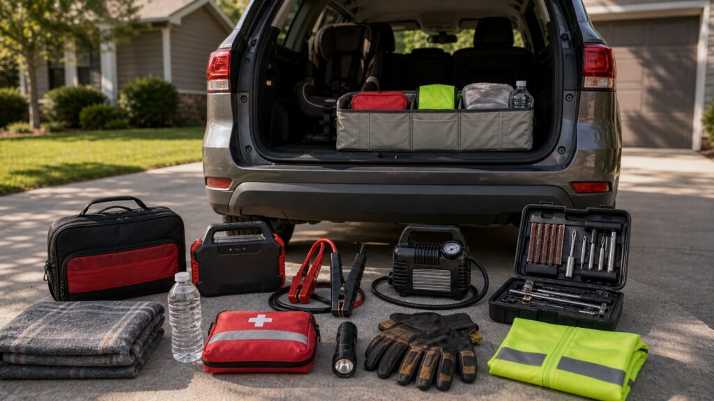 roadside emergency kits shopping setup for family vehicle safety with practical vehicle-focused details