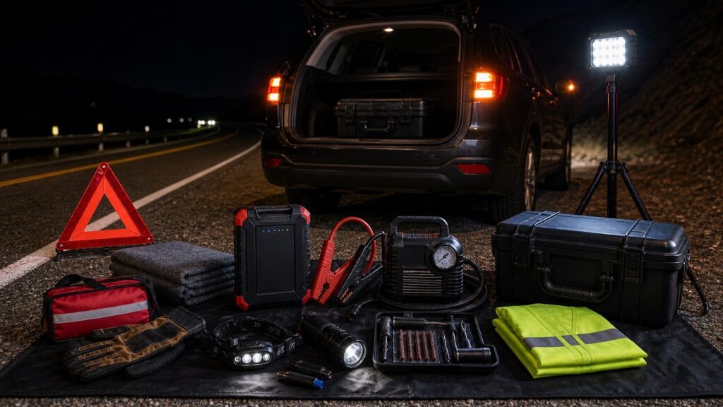 roadside emergency kits shopping setup for nighttime breakdown scenarios with practical vehicle-focused details