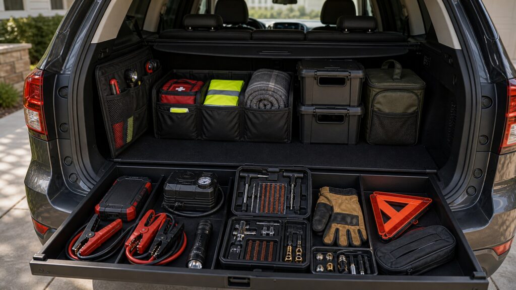 roadside emergency kits shopping setup for roadside emergency kits storage and access with practical vehicle-focused details